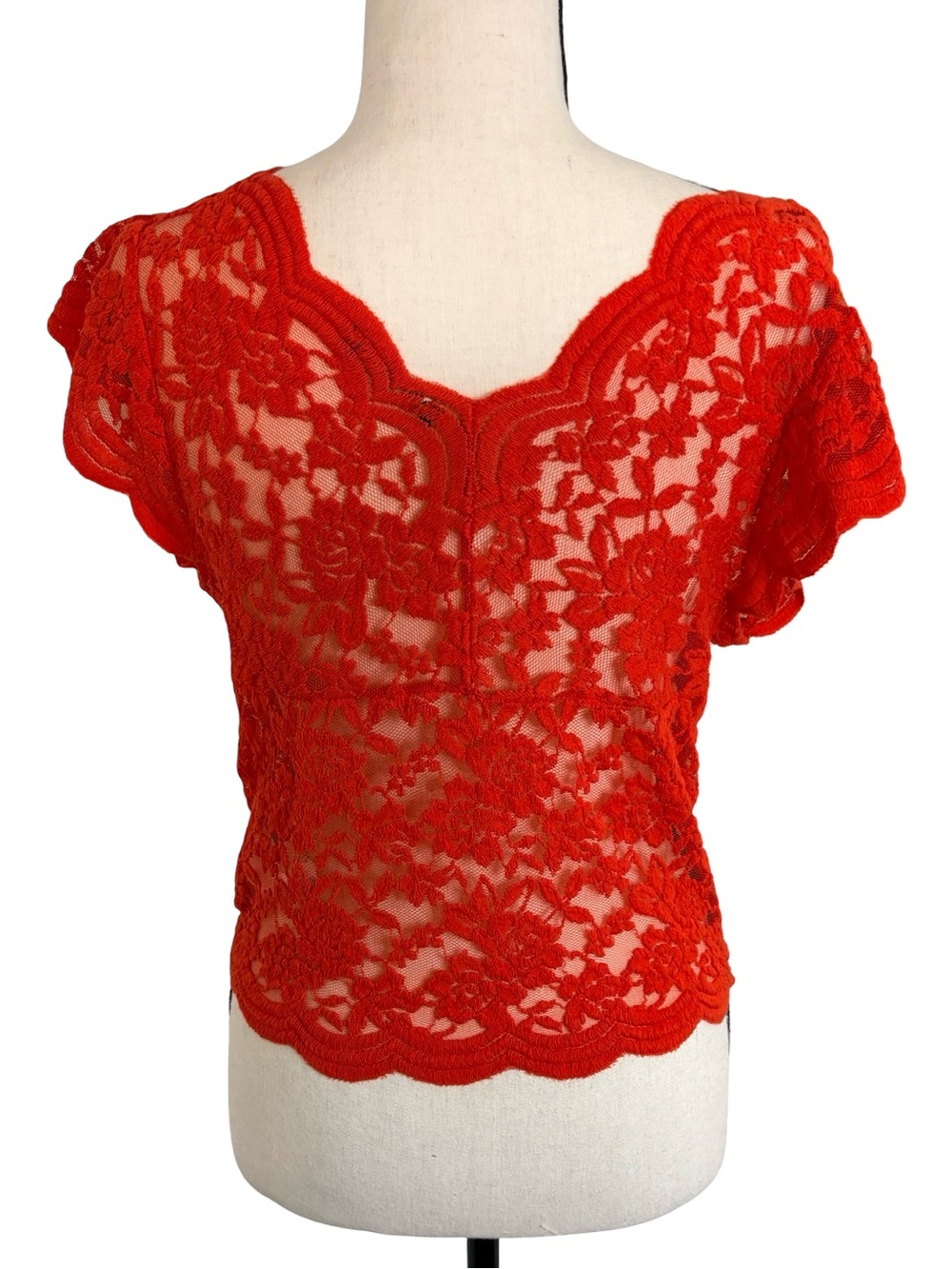 Zara Red Floral Lace Sheer Top Scalloped Stretch Blouse L - Picture 3 of 10